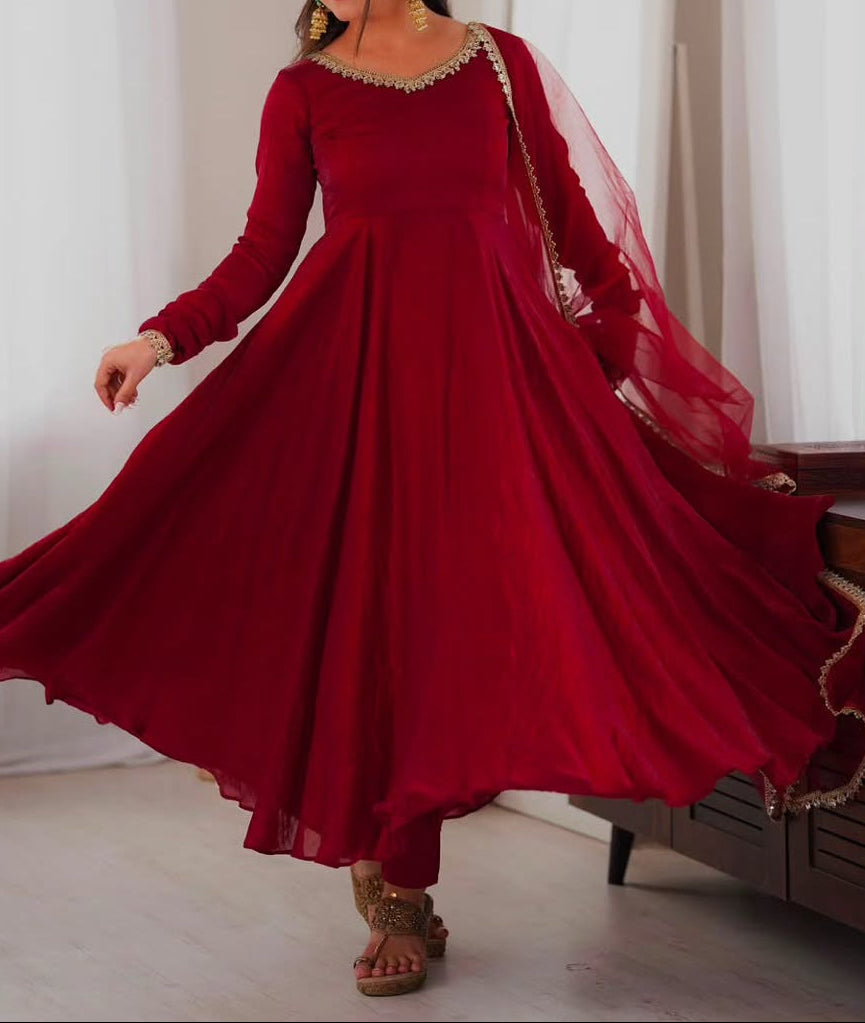 Crush Silk Heavy Flare Anarkali Suit Set With Mirror Work detailing