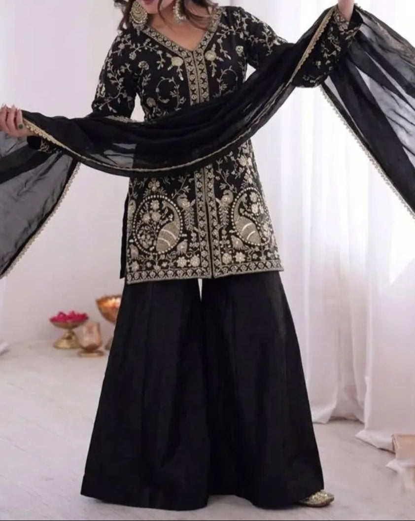 New Party Wear Look Pure Heavy Fendy Silk Top Sharara & Dupatta Set