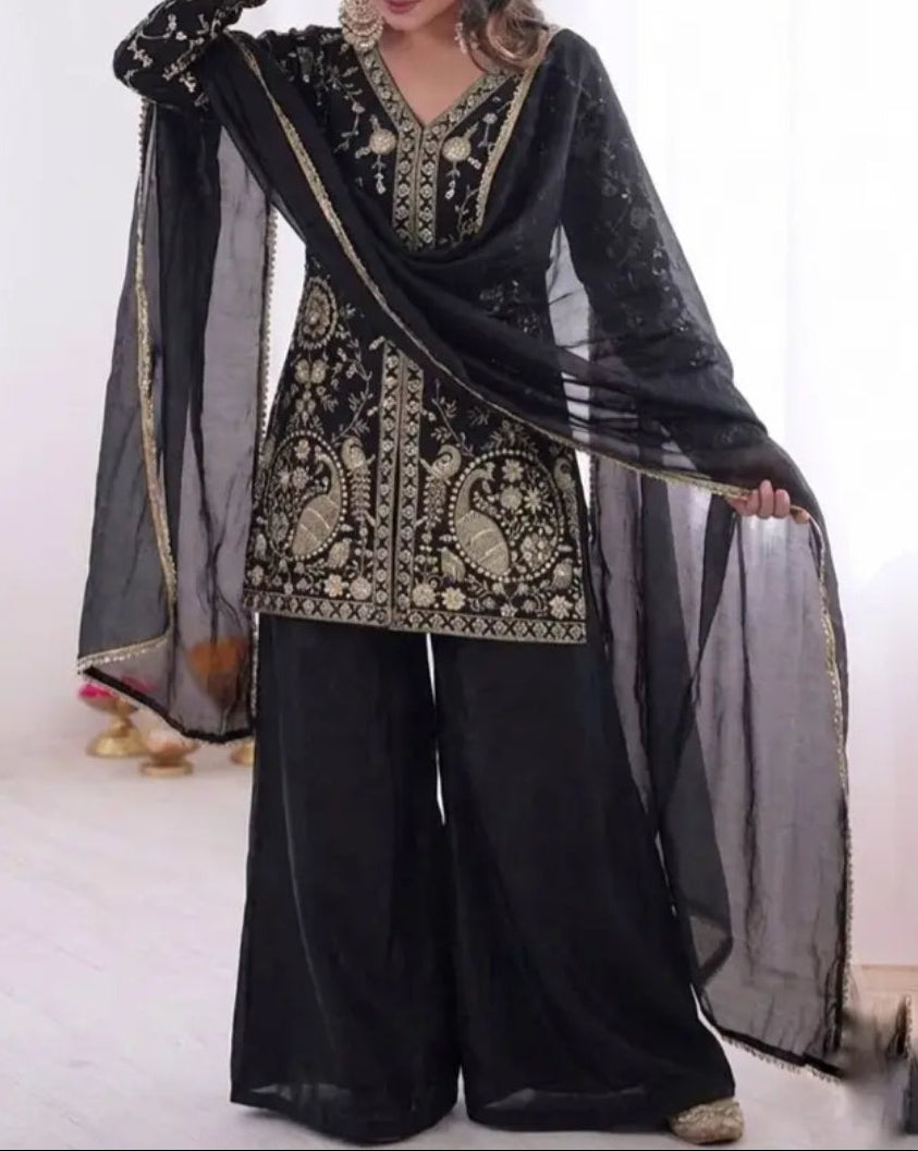 New Party Wear Look Pure Heavy Fendy Silk Top Sharara & Dupatta Set