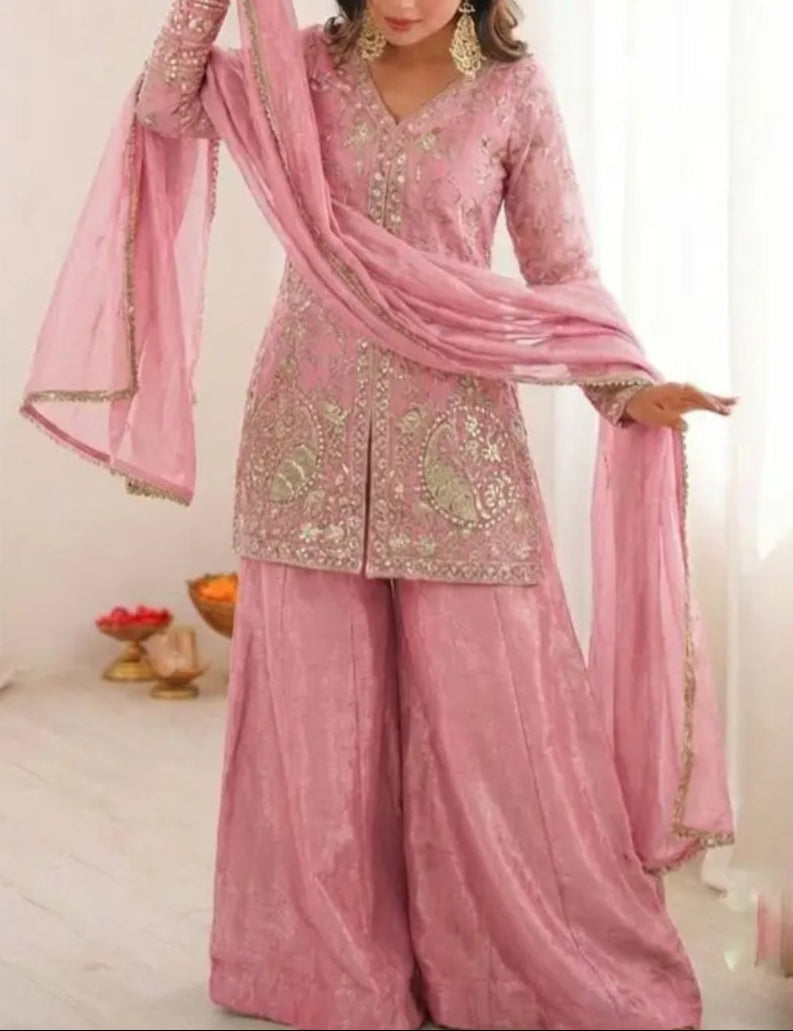 New Party Wear Look Pure Heavy Fendy Silk Top Sharara & Dupatta Set