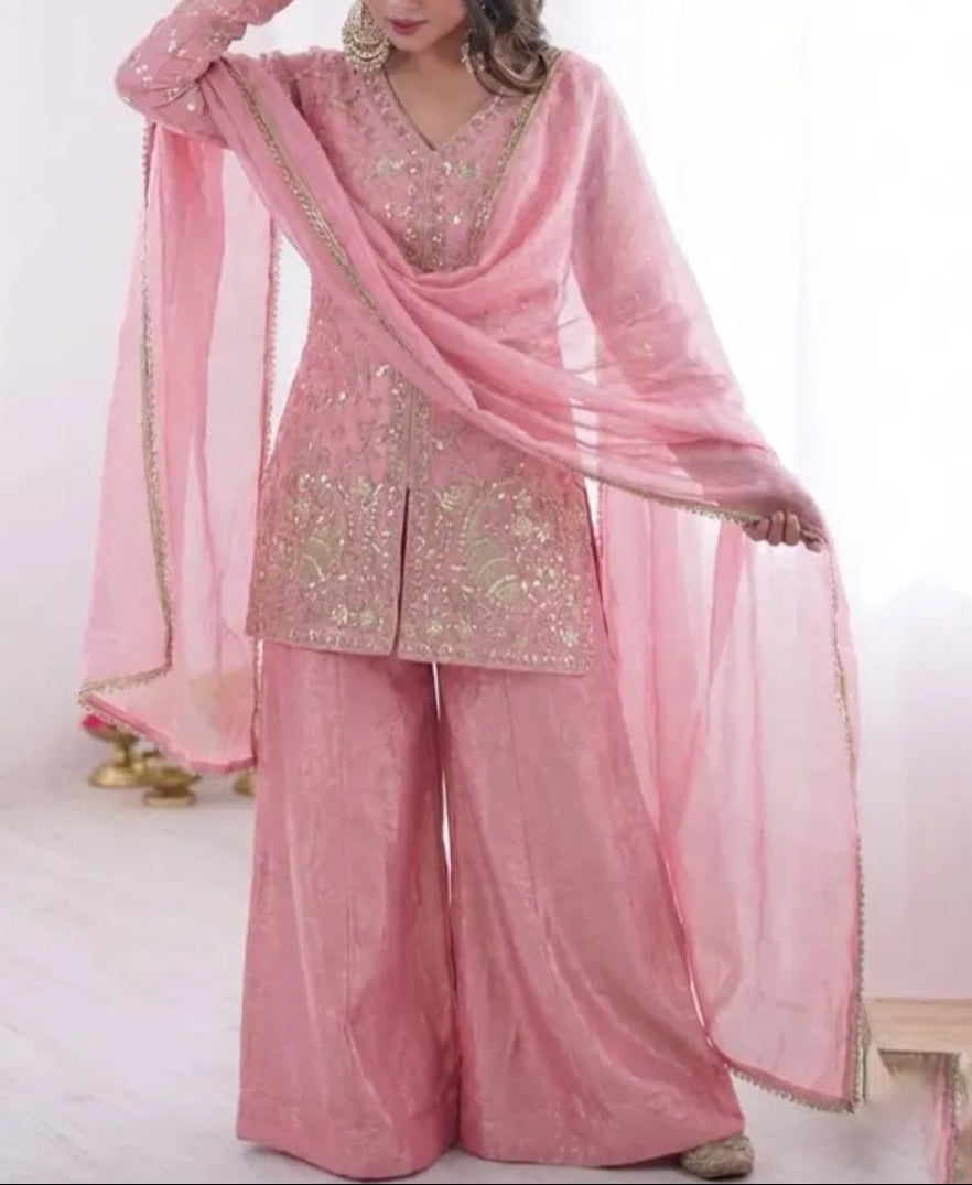 New Party Wear Look Pure Heavy Fendy Silk Top Sharara & Dupatta Set