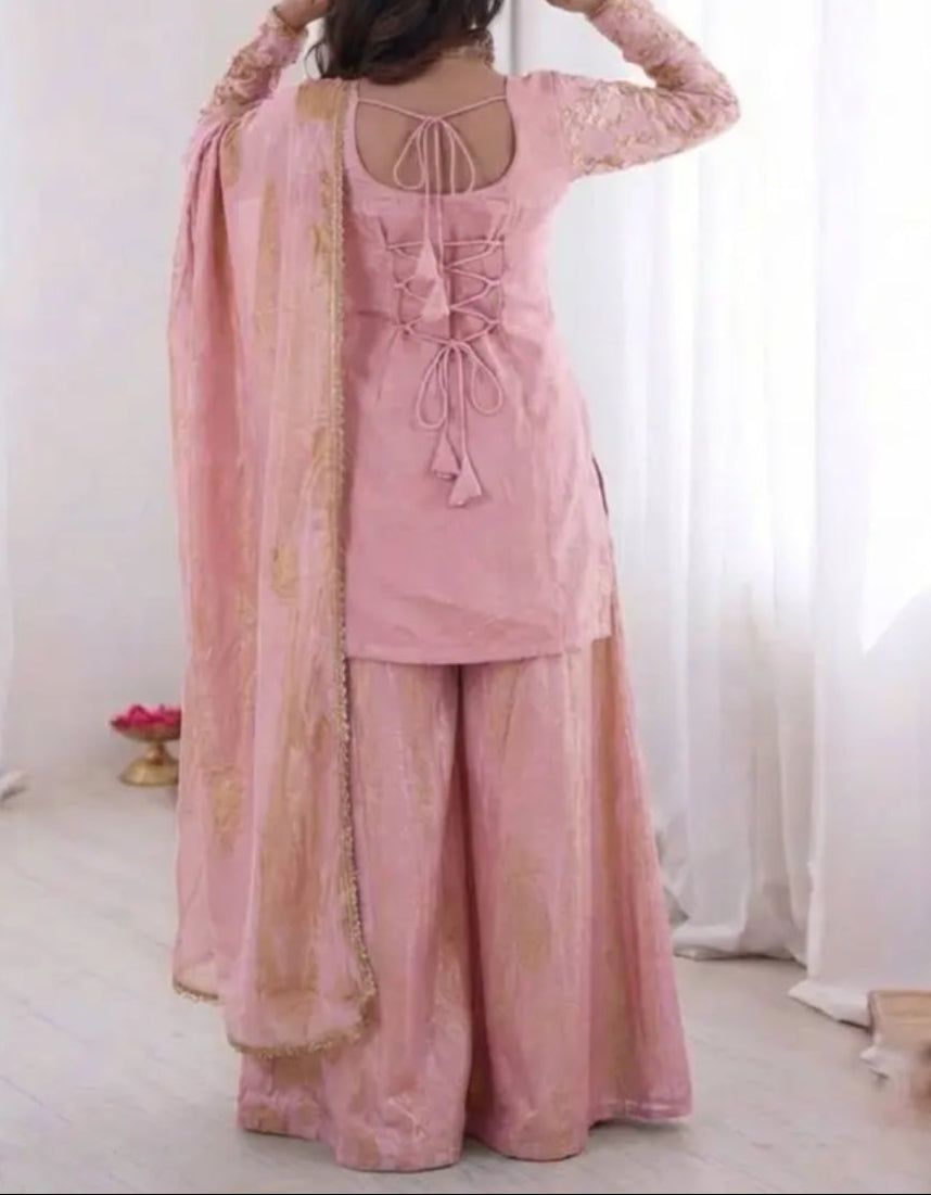 New Party Wear Look Pure Heavy Fendy Silk Top Sharara & Dupatta Set