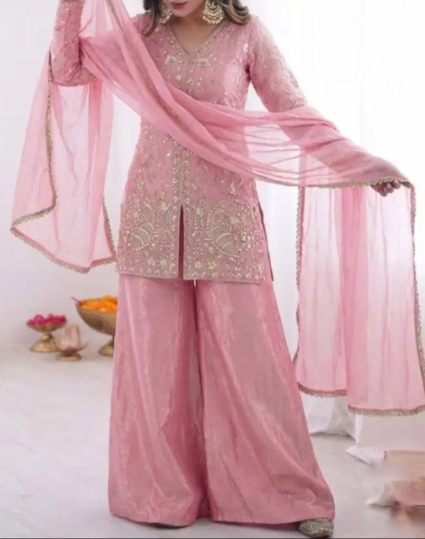New Party Wear Look Pure Heavy Fendy Silk Top Sharara & Dupatta Set