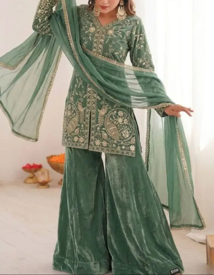 New Party Wear Look Pure Heavy Fendy Silk Top Sharara & Dupatta Set