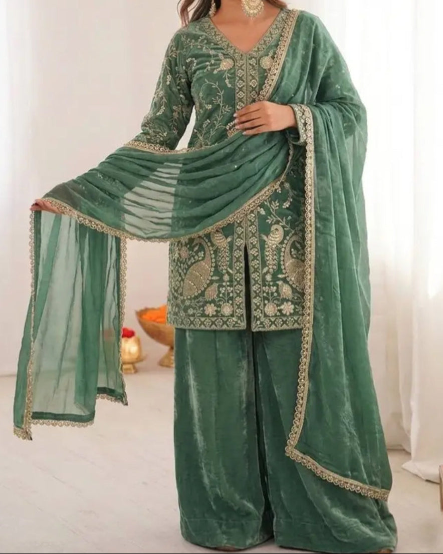 New Party Wear Look Pure Heavy Fendy Silk Top Sharara & Dupatta Set