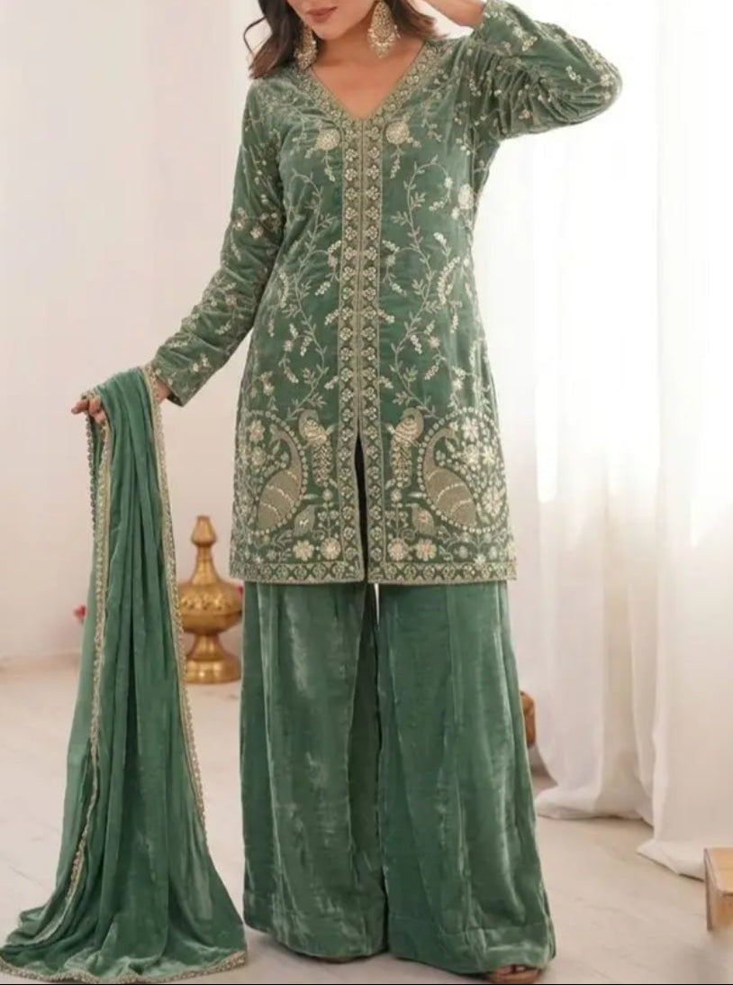 New Party Wear Look Pure Heavy Fendy Silk Top Sharara & Dupatta Set