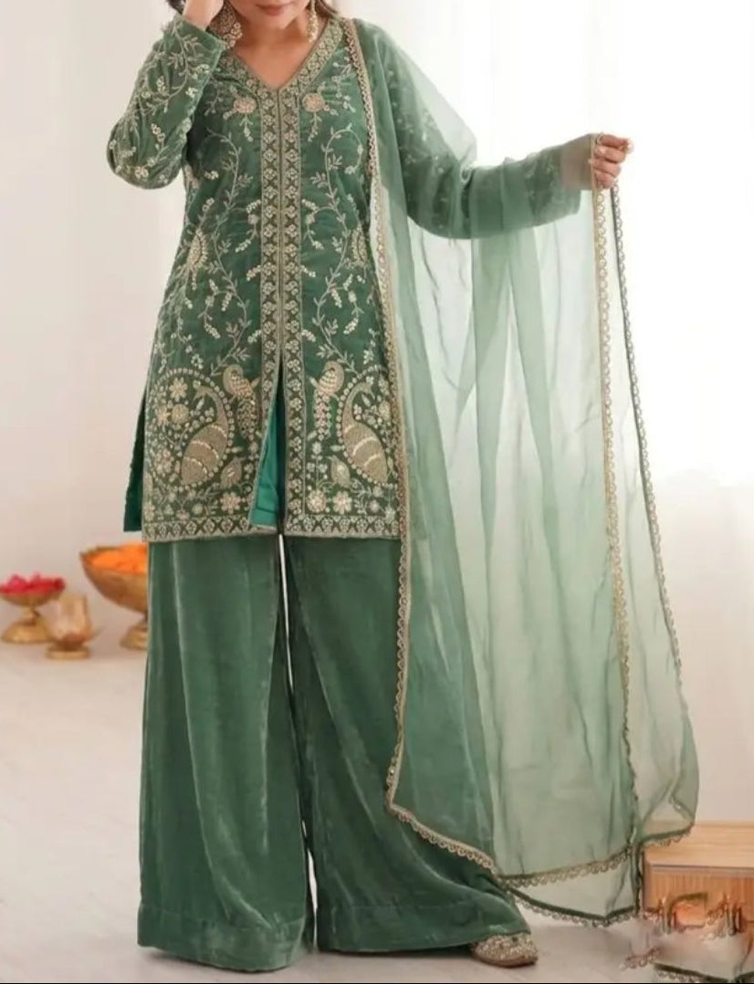 New Party Wear Look Pure Heavy Fendy Silk Top Sharara & Dupatta Set