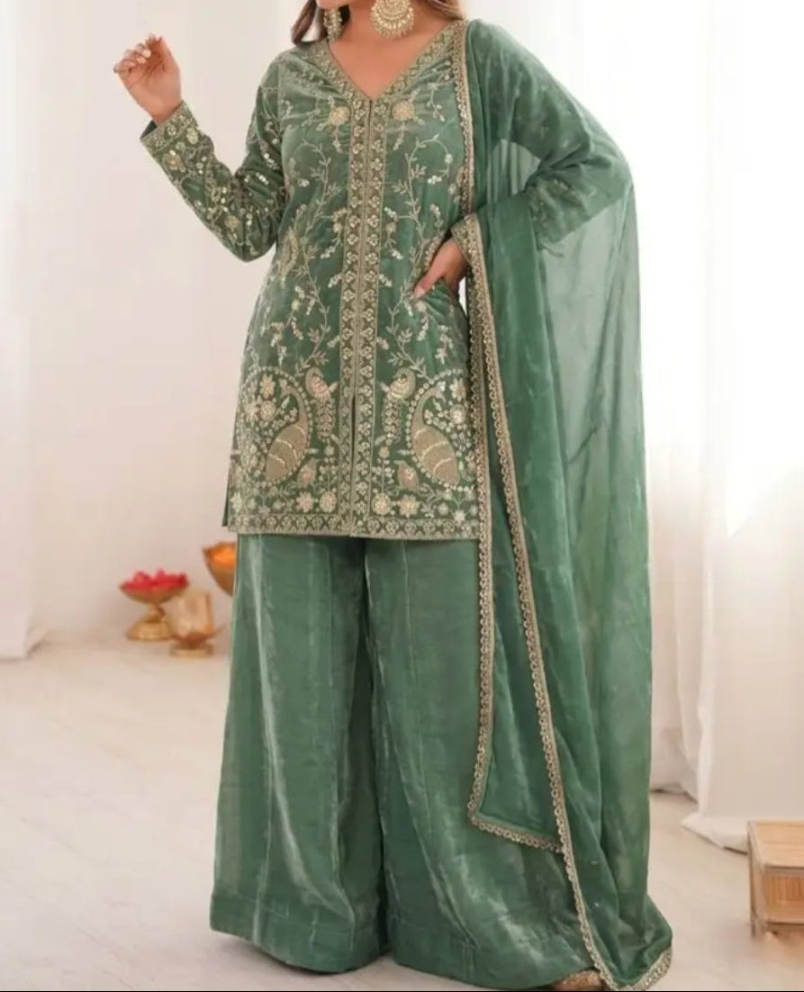 New Party Wear Look Pure Heavy Fendy Silk Top Sharara & Dupatta Set