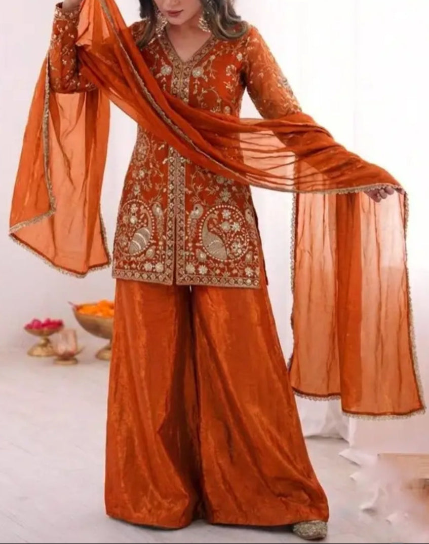 New Party Wear Look Pure Heavy Fendy Silk Top Sharara & Dupatta Set