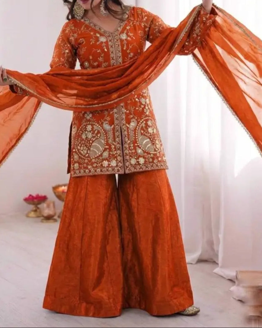 New Party Wear Look Pure Heavy Fendy Silk Top Sharara & Dupatta Set