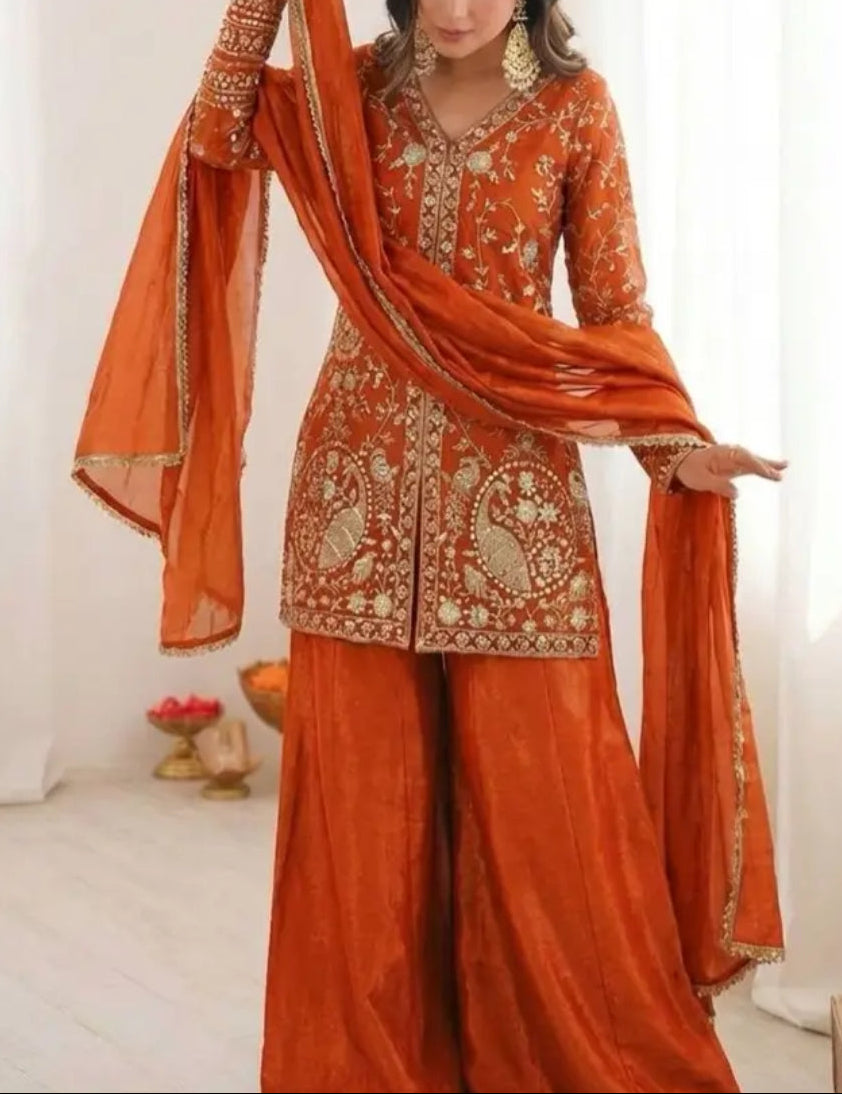 New Party Wear Look Pure Heavy Fendy Silk Top Sharara & Dupatta Set