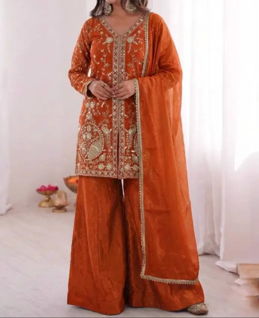 New Party Wear Look Pure Heavy Fendy Silk Top Sharara & Dupatta Set