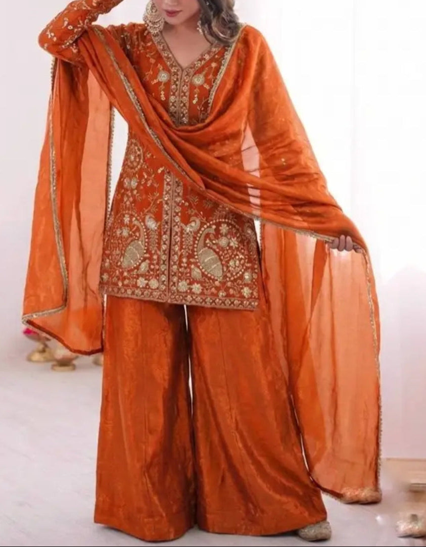 New Party Wear Look Pure Heavy Fendy Silk Top Sharara & Dupatta Set