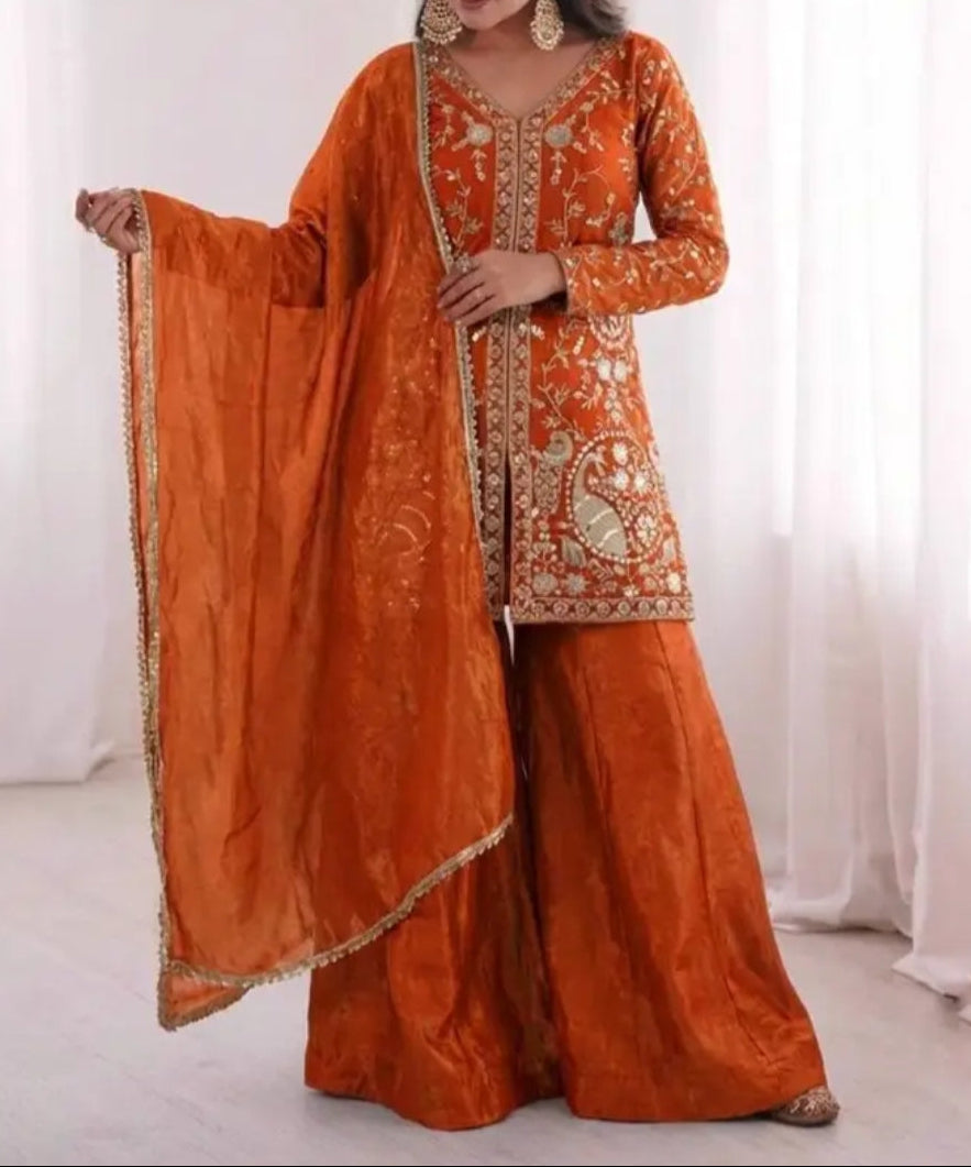 New Party Wear Look Pure Heavy Fendy Silk Top Sharara & Dupatta Set