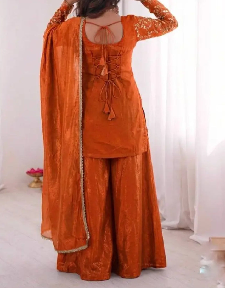 New Party Wear Look Pure Heavy Fendy Silk Top Sharara & Dupatta Set
