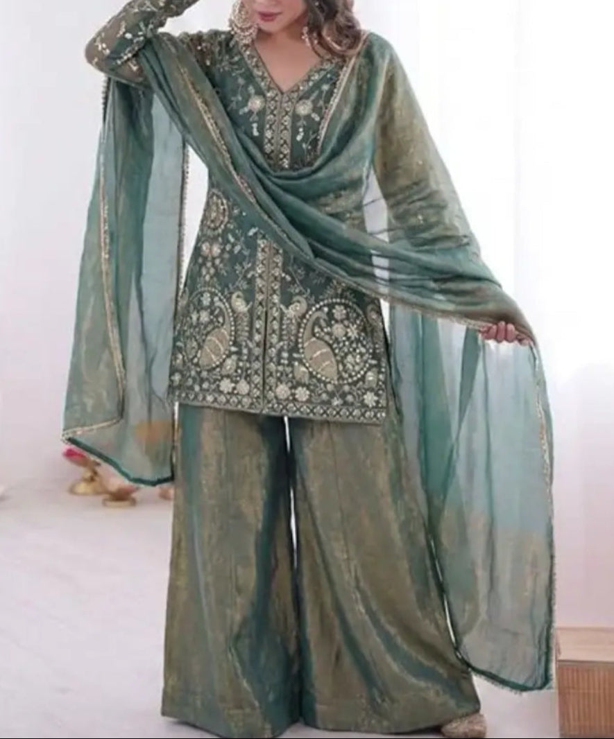 New Party Wear Look Pure Heavy Fendy Silk Top Sharara & Dupatta Set