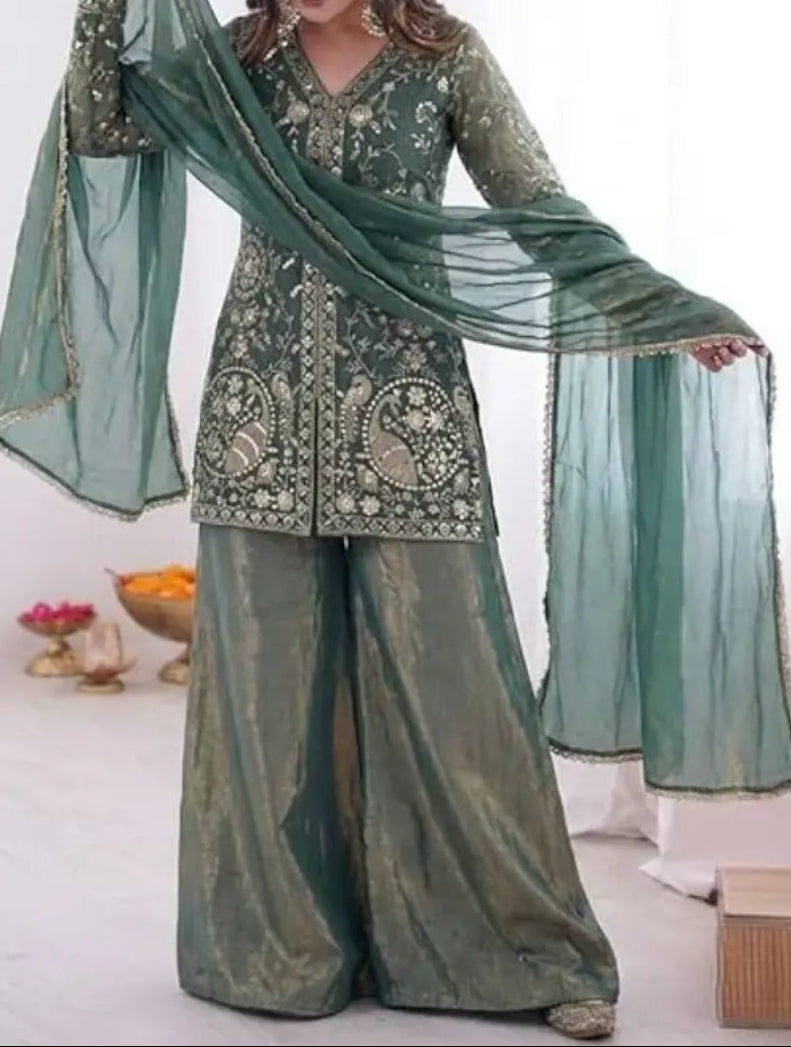 New Party Wear Look Pure Heavy Fendy Silk Top Sharara & Dupatta Set