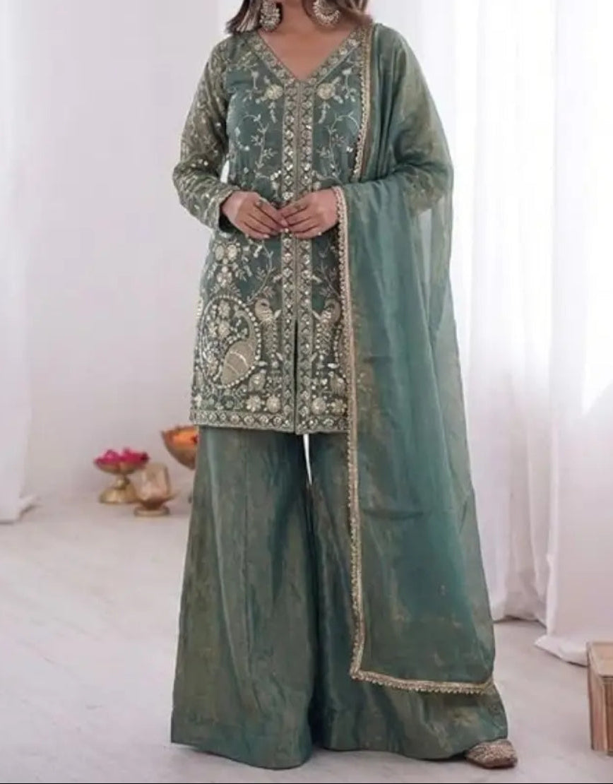 New Party Wear Look Pure Heavy Fendy Silk Top Sharara & Dupatta Set