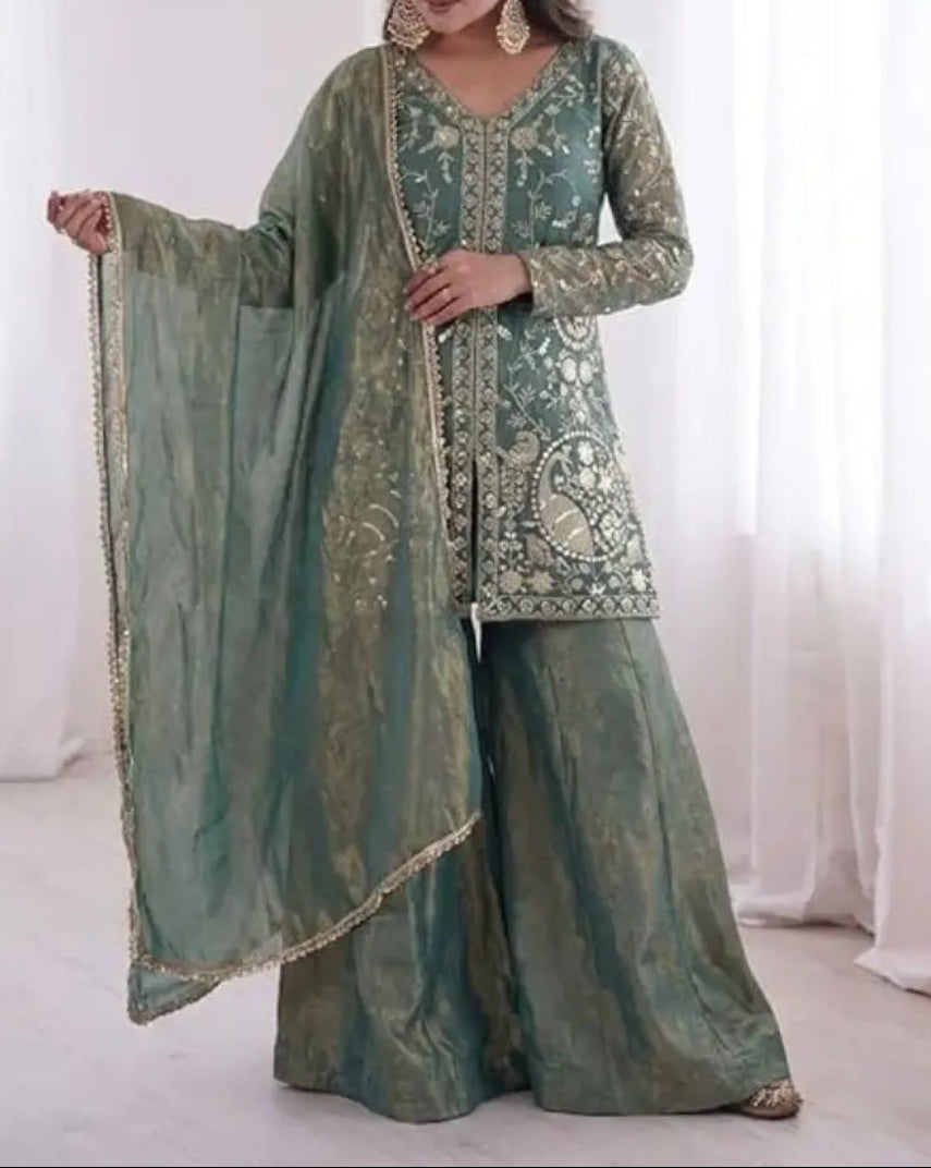 New Party Wear Look Pure Heavy Fendy Silk Top Sharara & Dupatta Set
