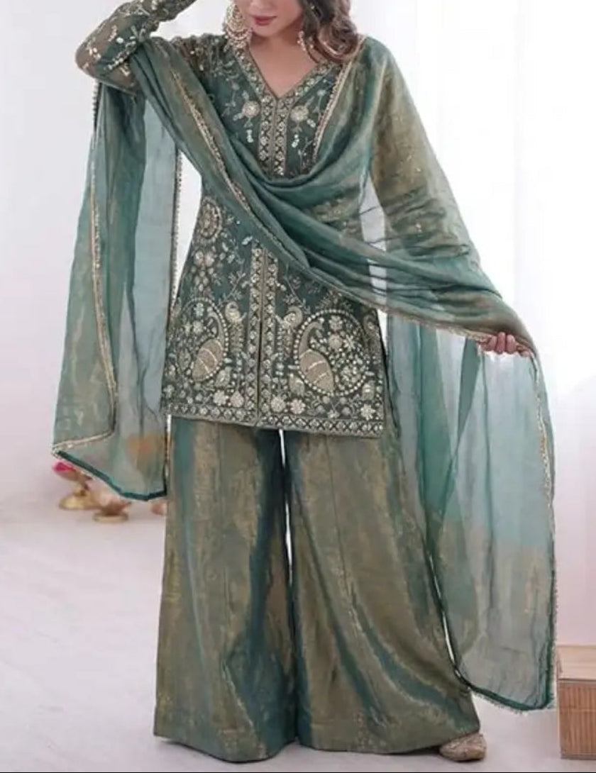 New Party Wear Look Pure Heavy Fendy Silk Top Sharara & Dupatta Set