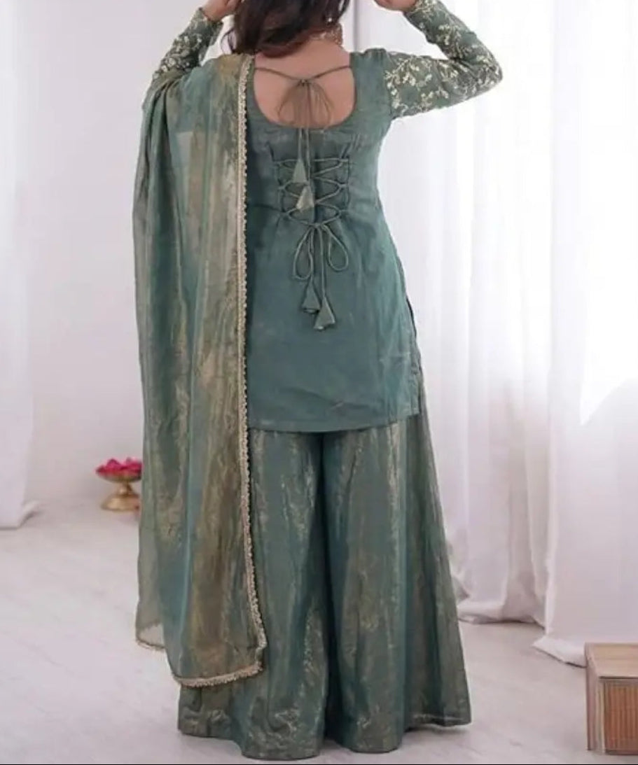 New Party Wear Look Pure Heavy Fendy Silk Top Sharara & Dupatta Set