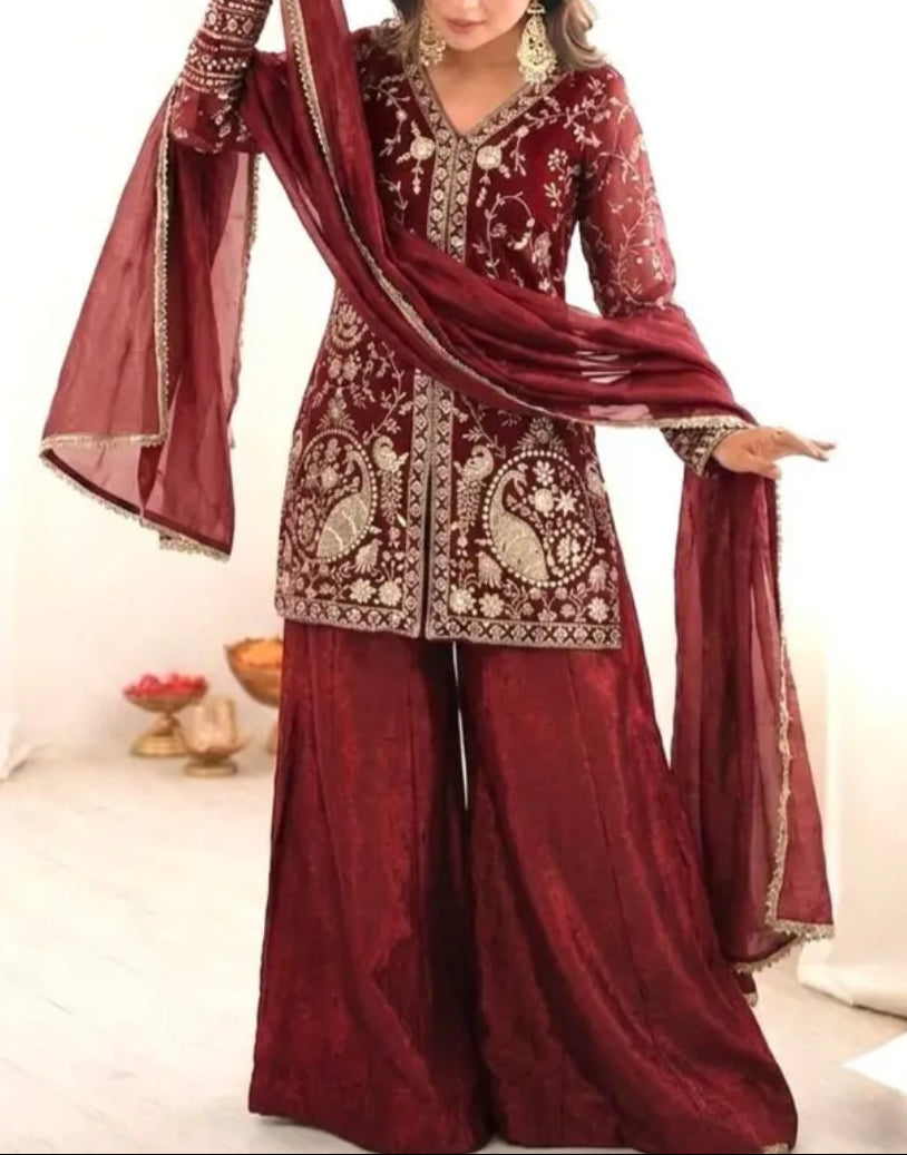 New Party Wear Look Pure Heavy Fendy Silk Top Sharara & Dupatta Set