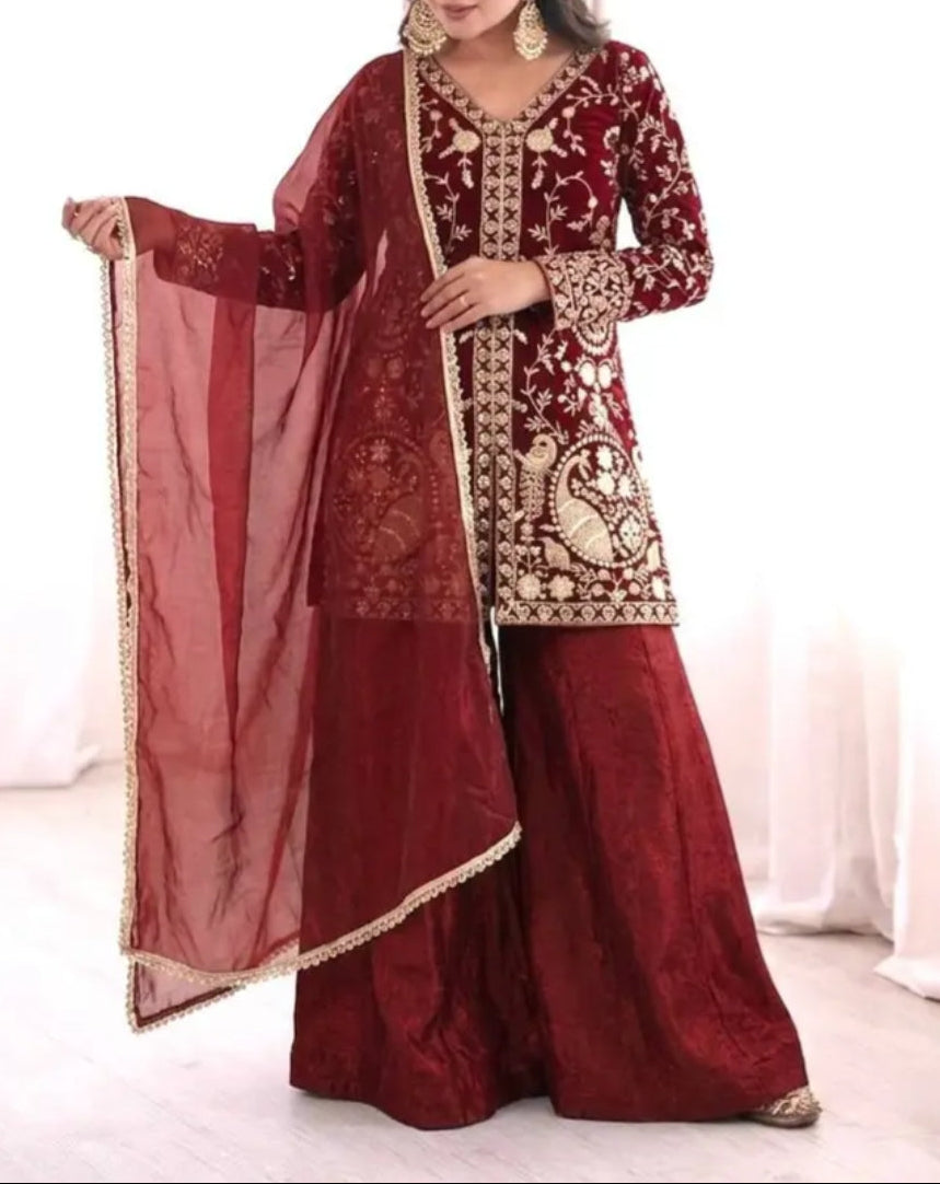 New Party Wear Look Pure Heavy Fendy Silk Top Sharara & Dupatta Set