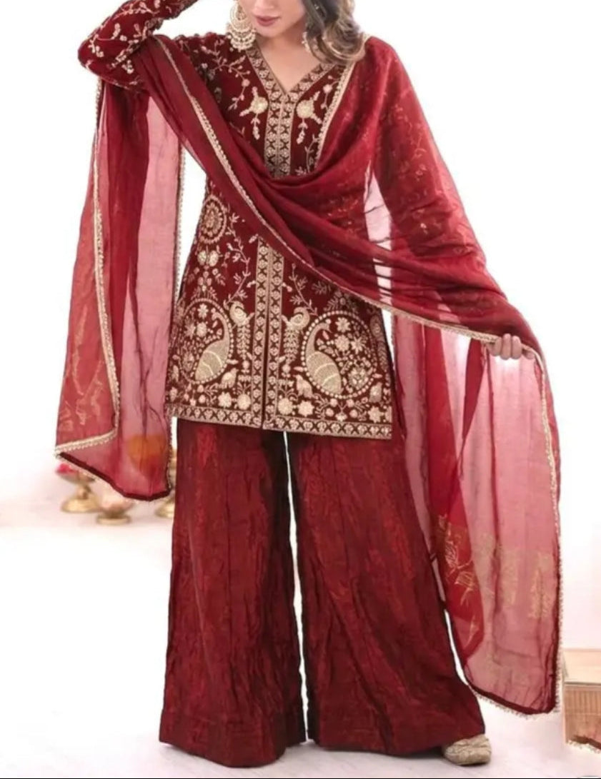 New Party Wear Look Pure Heavy Fendy Silk Top Sharara & Dupatta Set