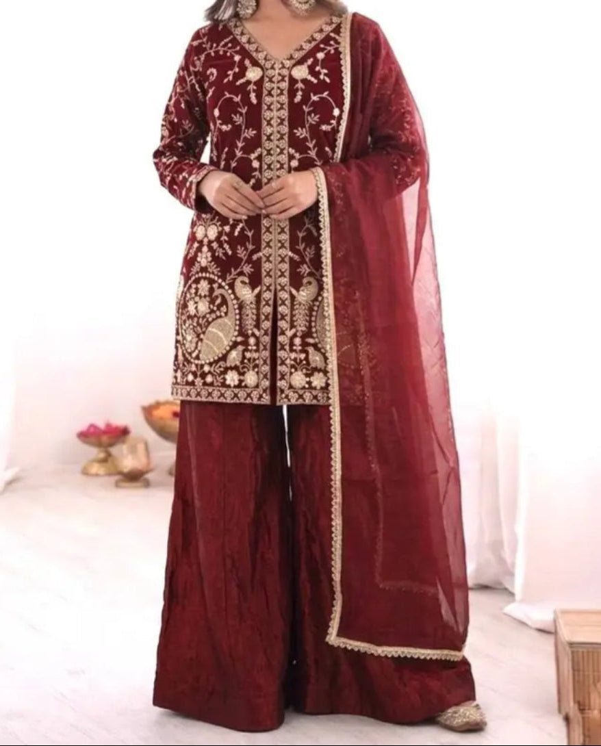 New Party Wear Look Pure Heavy Fendy Silk Top Sharara & Dupatta Set
