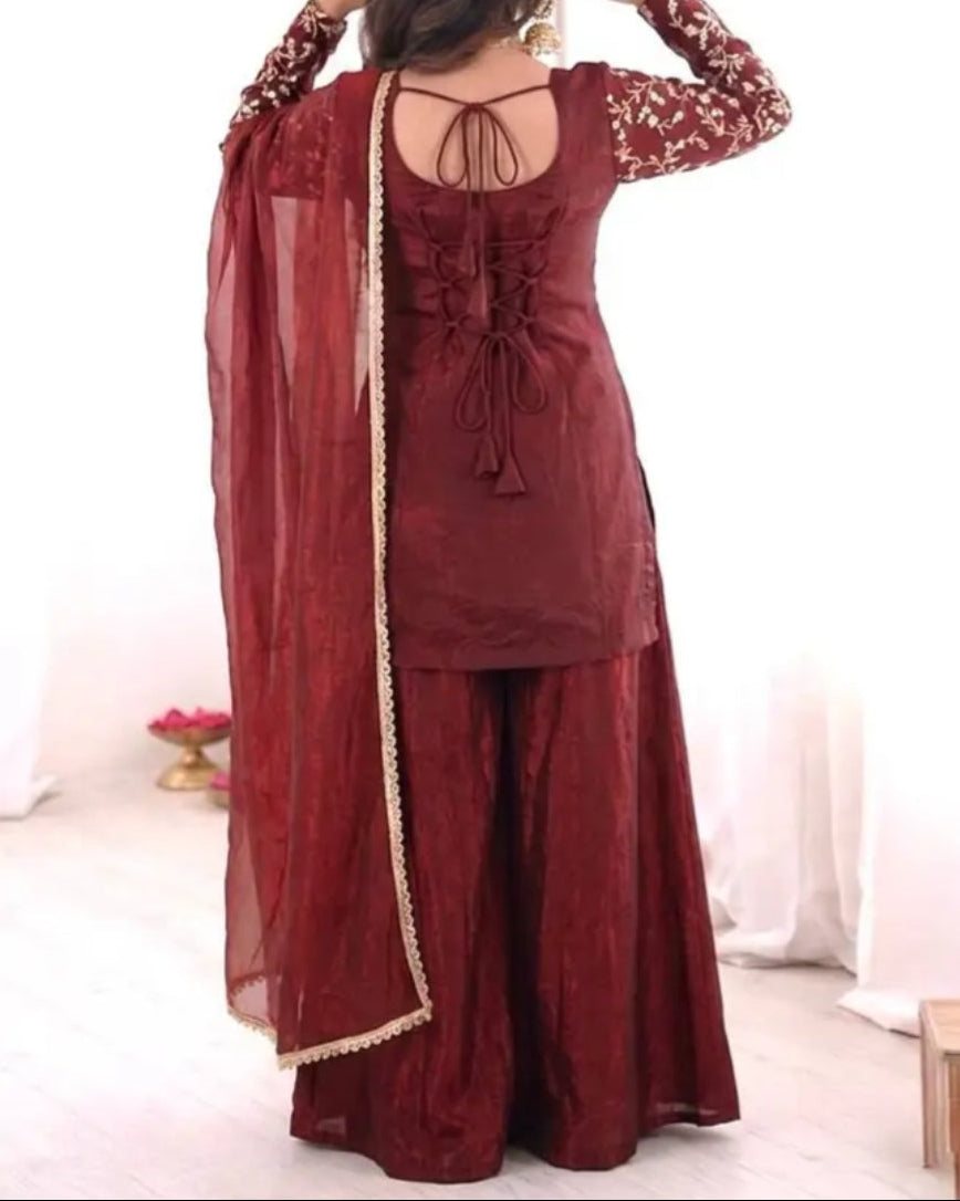 New Party Wear Look Pure Heavy Fendy Silk Top Sharara & Dupatta Set