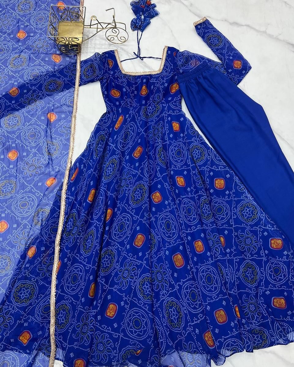 Pure Soft Lightweight Chiffon Bandhej Fully Flair Anarkali Set