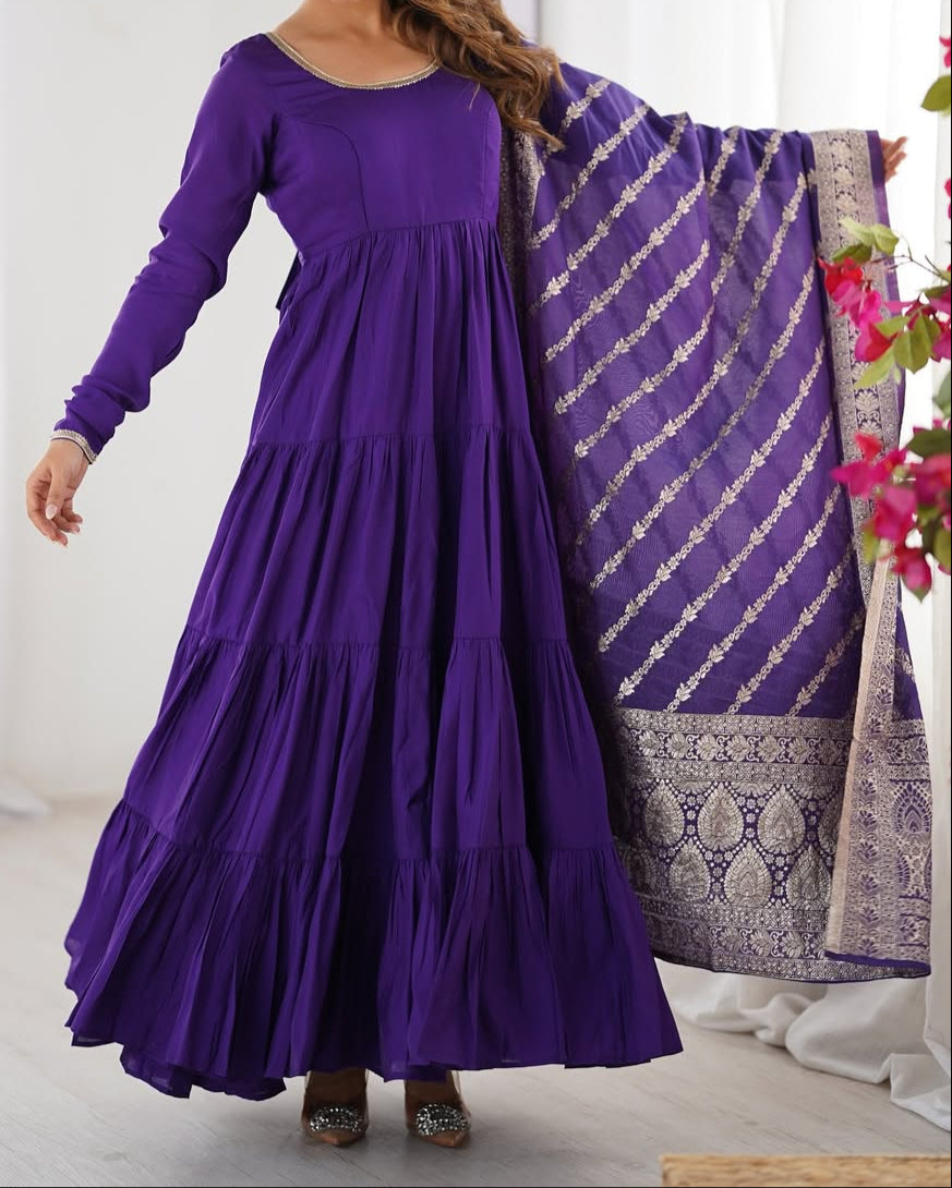 Pure Roman  Silk Chanderi Fabric Heavy Flair Anarkali Dress