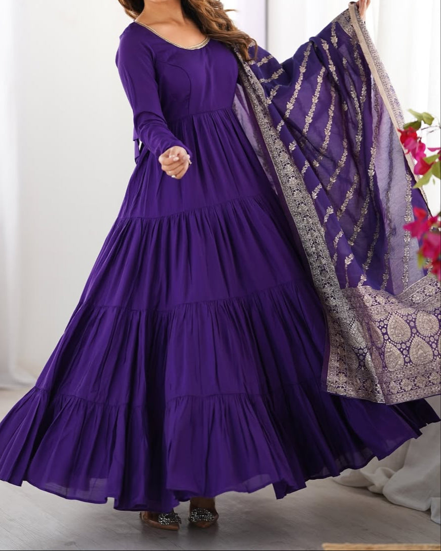 Pure Roman  Silk Chanderi Fabric Heavy Flair Anarkali Dress