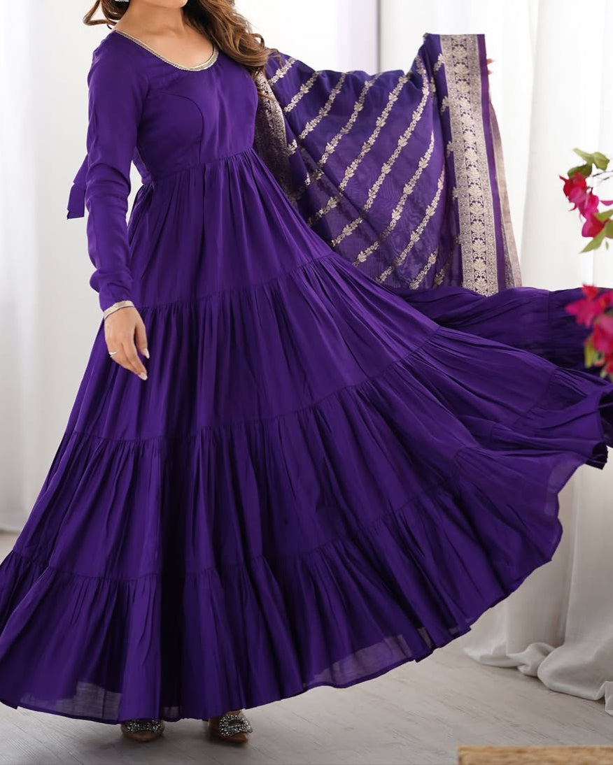 Pure Roman  Silk Chanderi Fabric Heavy Flair Anarkali Dress