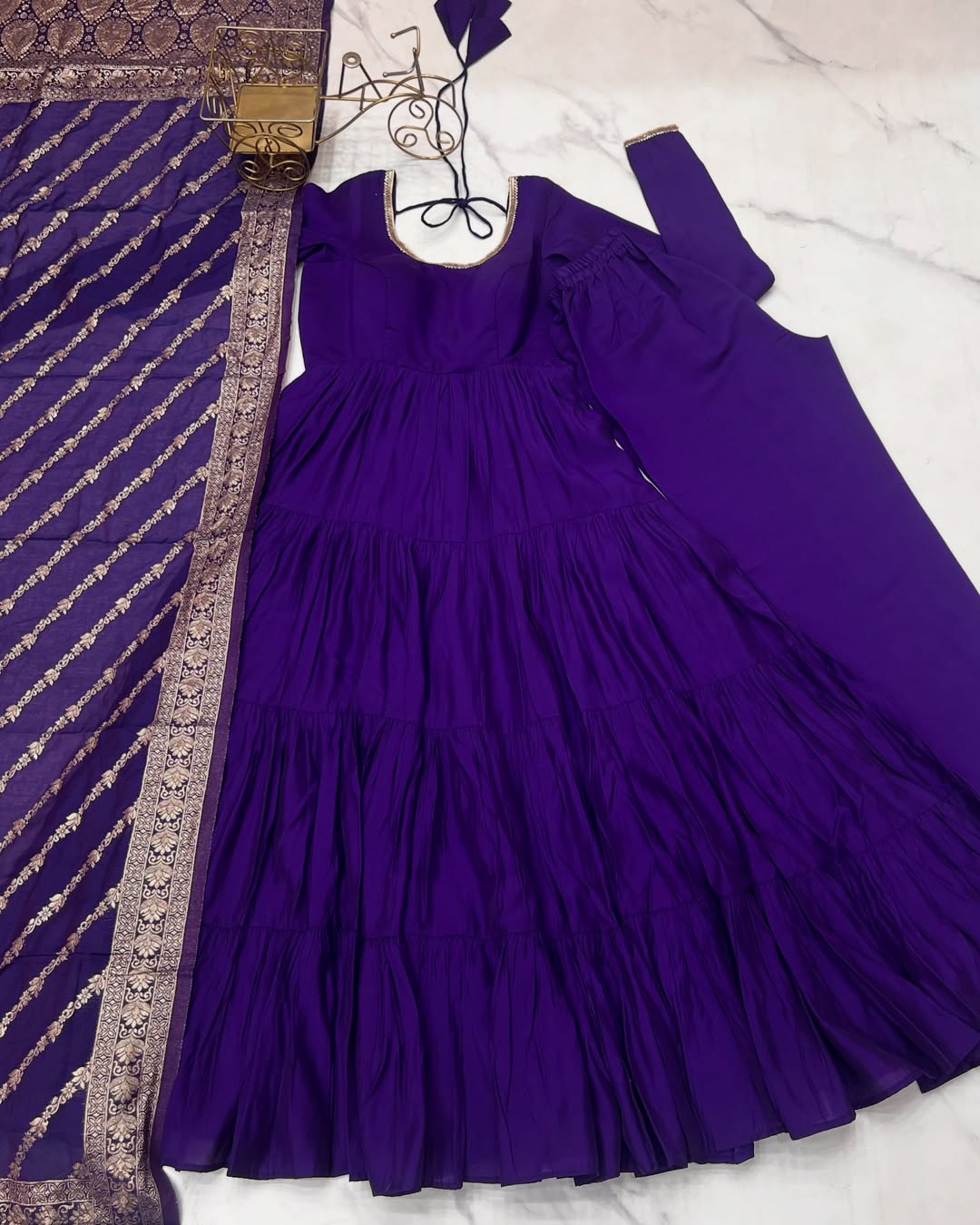 Pure Roman  Silk Chanderi Fabric Heavy Flair Anarkali Dress