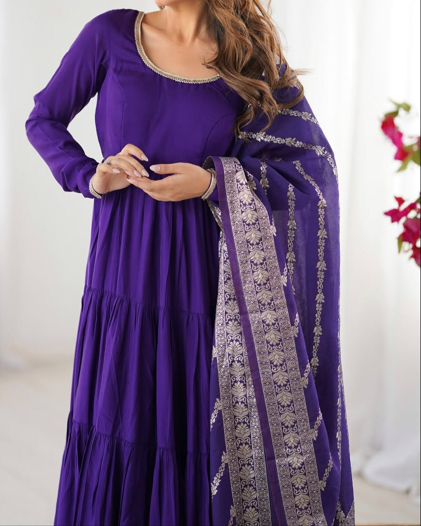 Pure Roman  Silk Chanderi Fabric Heavy Flair Anarkali Dress