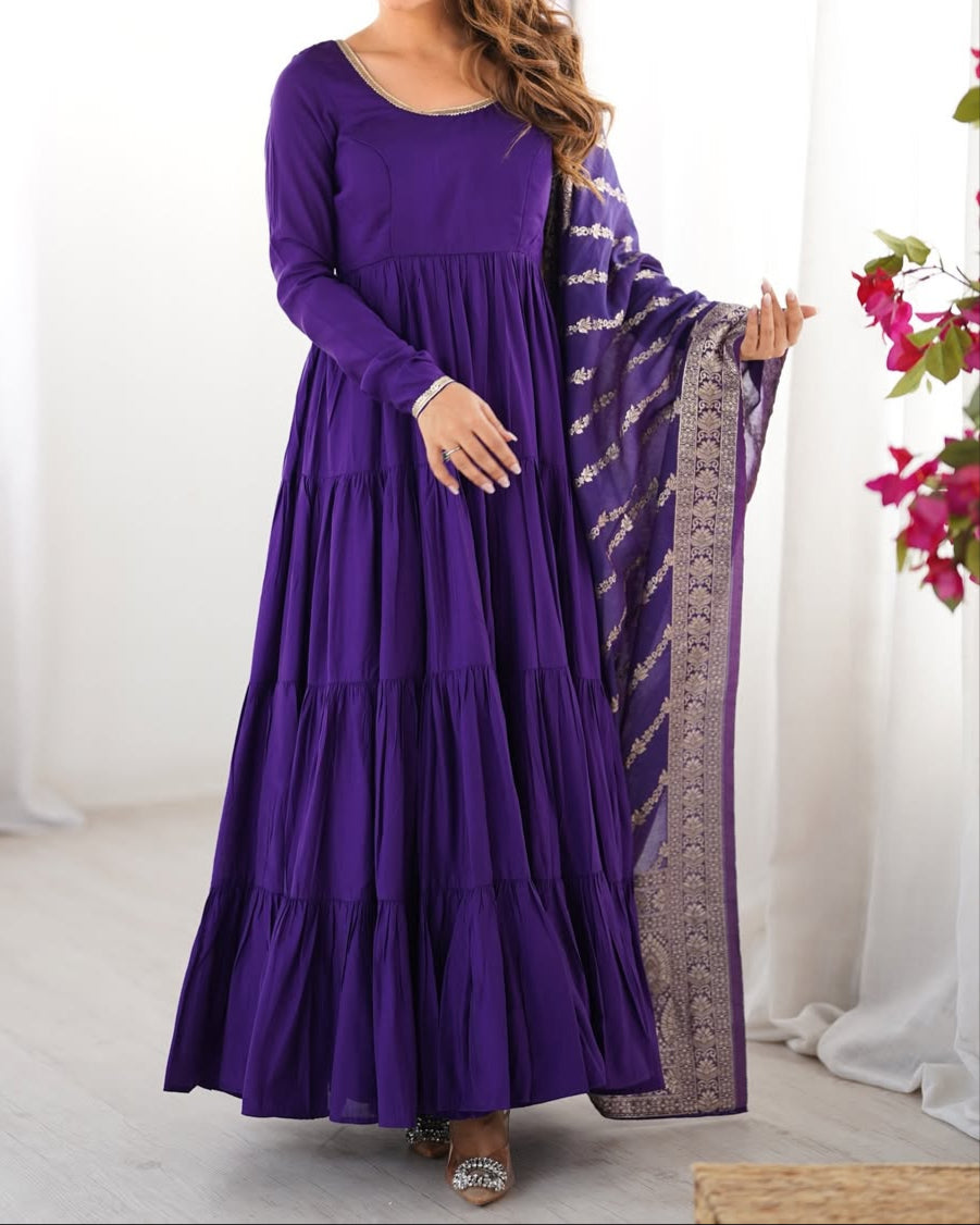 Pure Roman  Silk Chanderi Fabric Heavy Flair Anarkali Dress