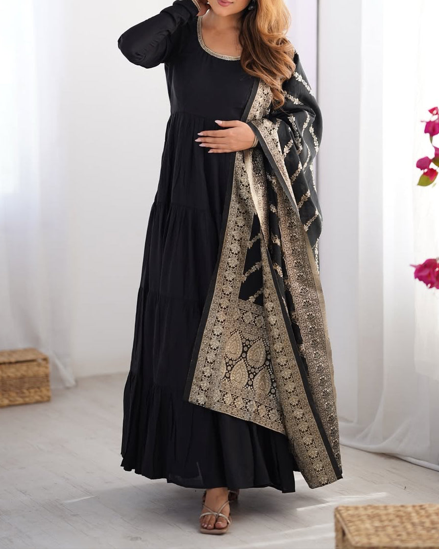 Pure Roman  Silk Chanderi Fabric Heavy Flair Anarkali Dress