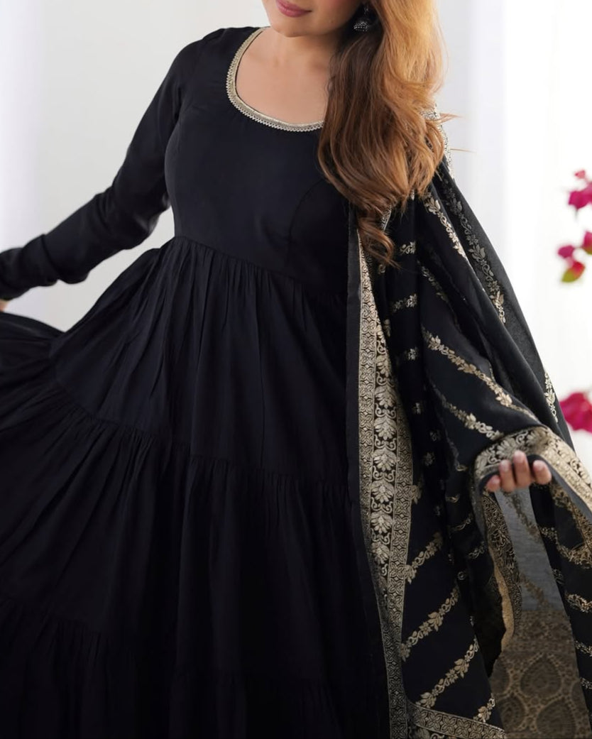 Pure Roman  Silk Chanderi Fabric Heavy Flair Anarkali Dress
