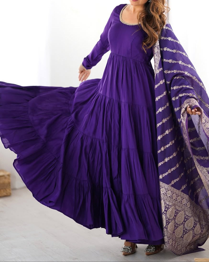 Pure Roman  Silk Chanderi Fabric Heavy Flair Anarkali Dress