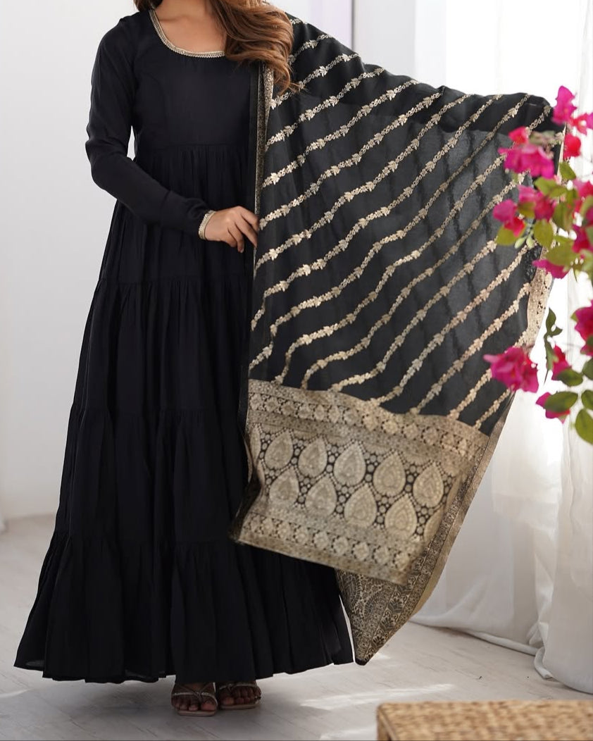 Pure Roman  Silk Chanderi Fabric Heavy Flair Anarkali Dress