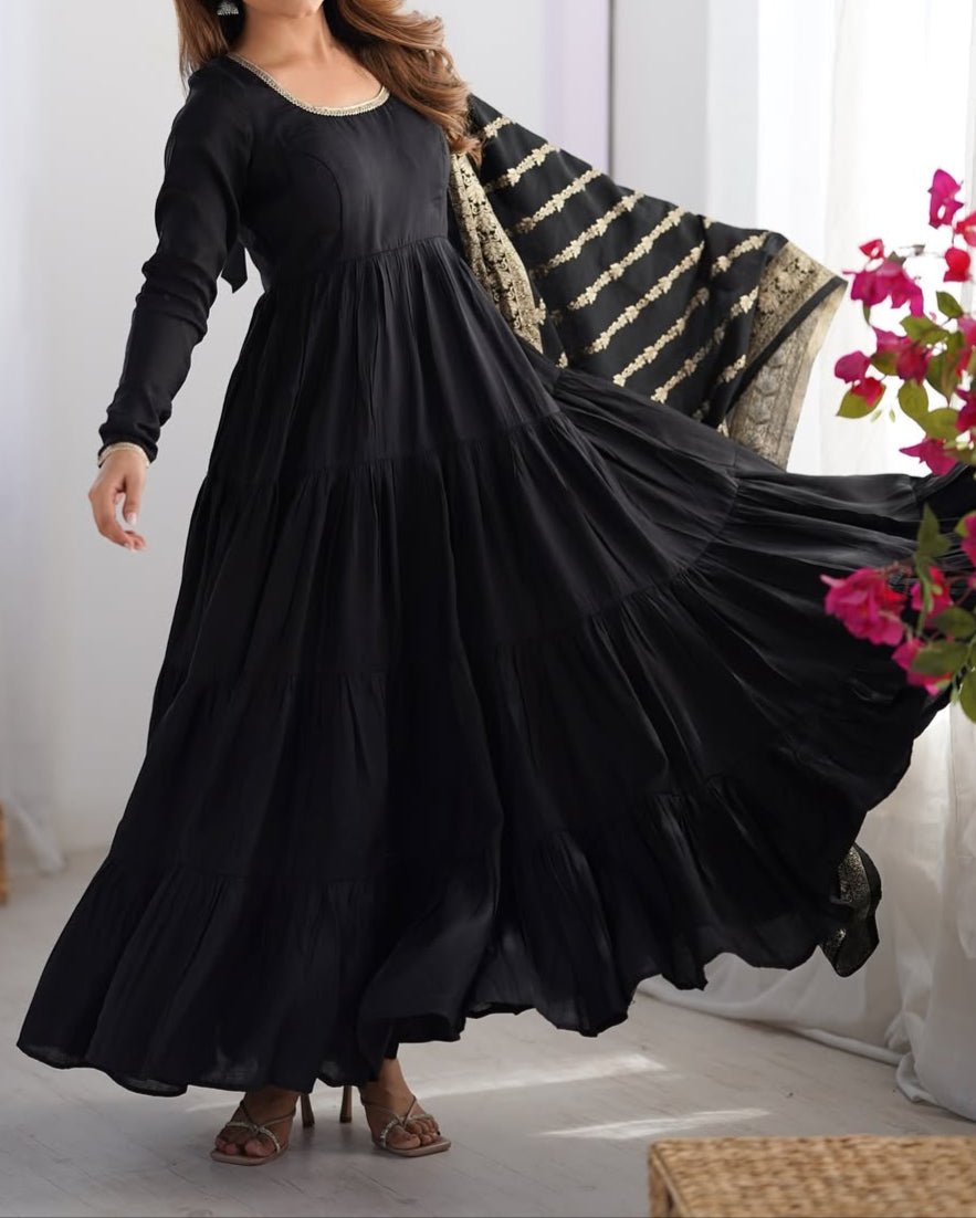Pure Roman  Silk Chanderi Fabric Heavy Flair Anarkali Dress