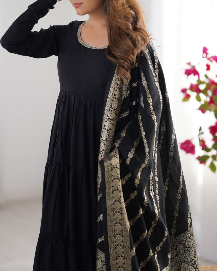 Pure Roman  Silk Chanderi Fabric Heavy Flair Anarkali Dress