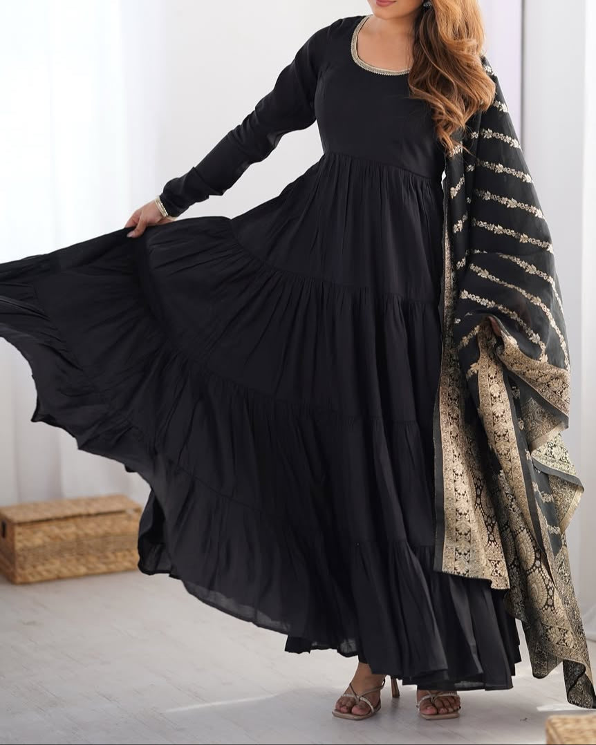 Pure Roman  Silk Chanderi Fabric Heavy Flair Anarkali Dress