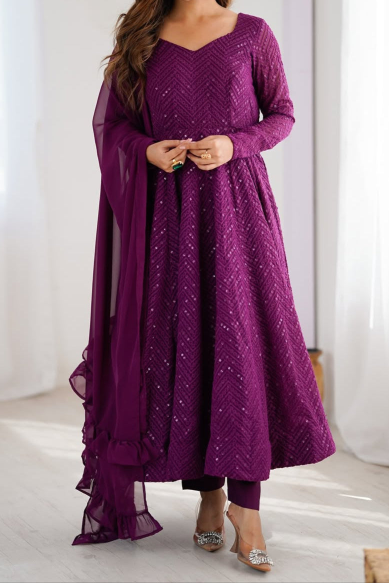 Wedding Special Luchnowi Sequence Work Anarkali Suit Set