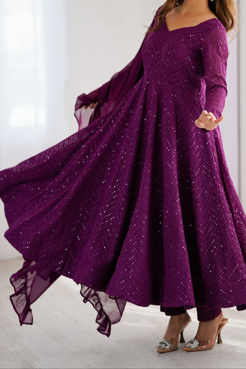 Wedding Special Luchnowi Sequence Work Anarkali Suit Set