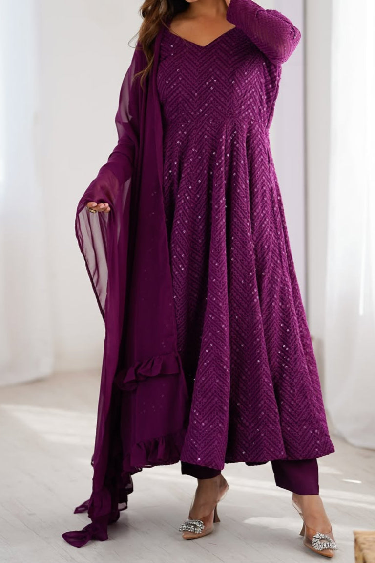 Wedding Special Luchnowi Sequence Work Anarkali Suit Set