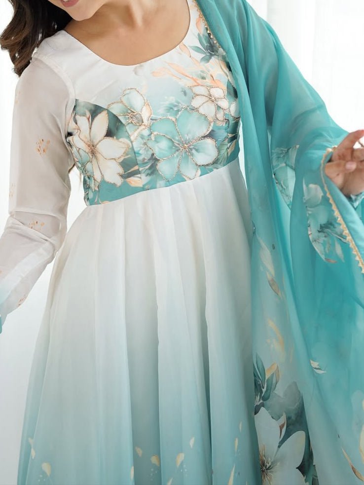 floral printed organza anarkali suit set for the upcoming festivities and wedding