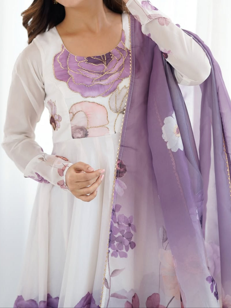 floral printed organza anarkali suit set for the upcoming festivities and wedding