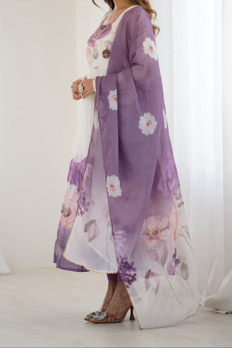 floral printed organza anarkali suit set for the upcoming festivities and wedding